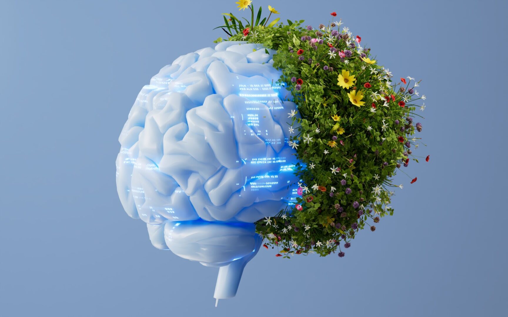 Half brain, half blooming tree symbolizing growth and knowledge.