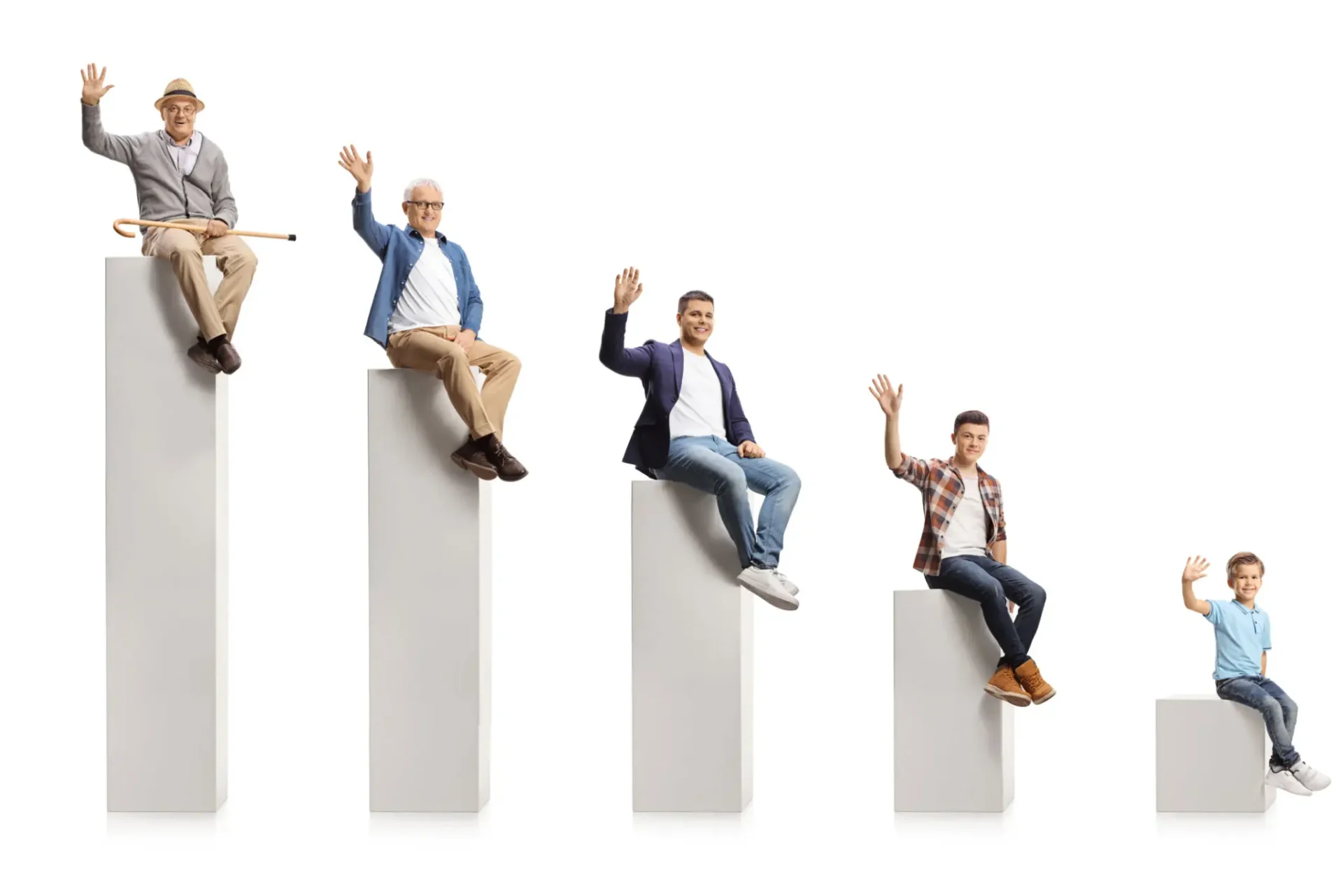 Four business figurines sitting on descending white bars, symbolizing decline.