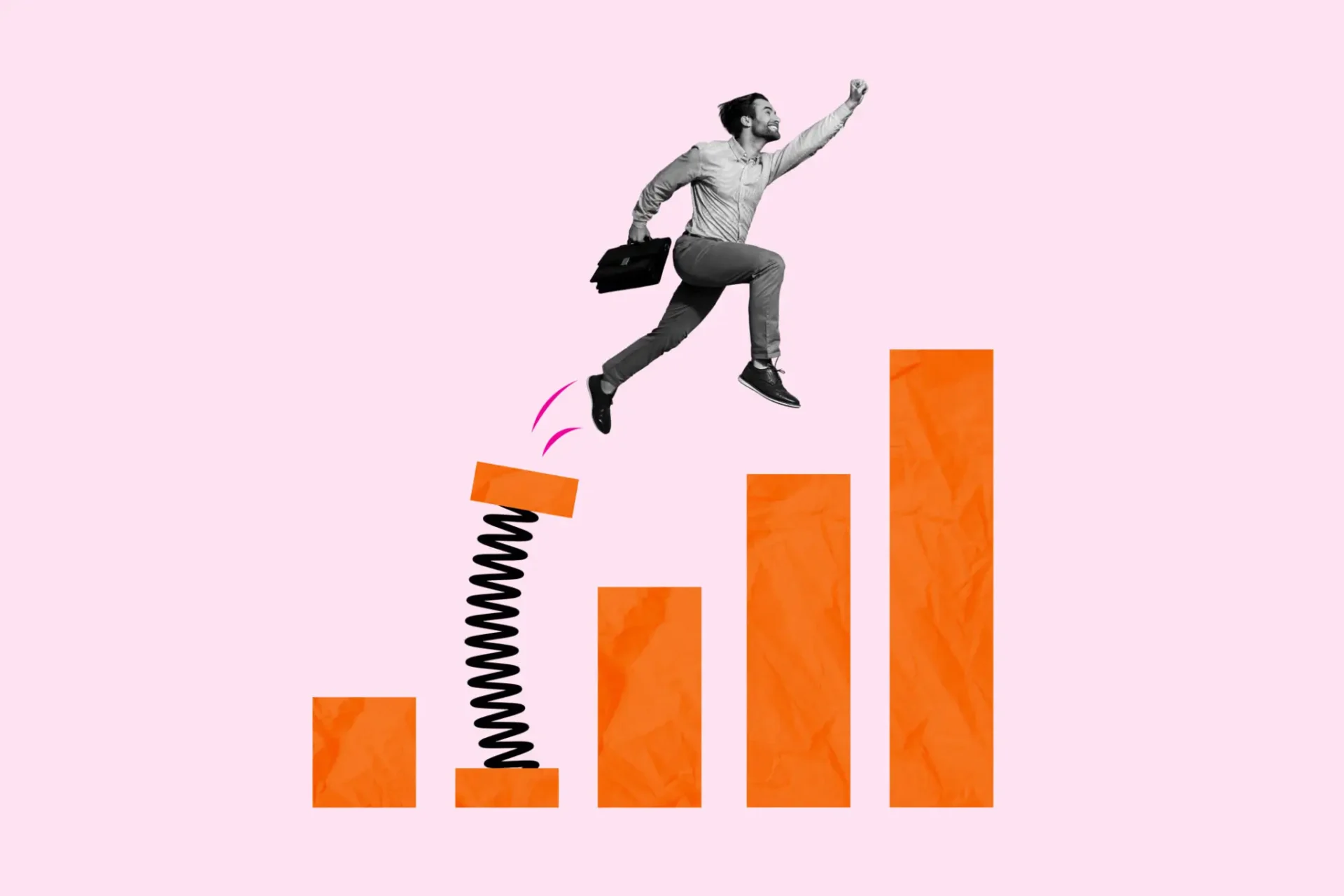 A man jumps upward over a spring on a bar graph, symbolizing growth.