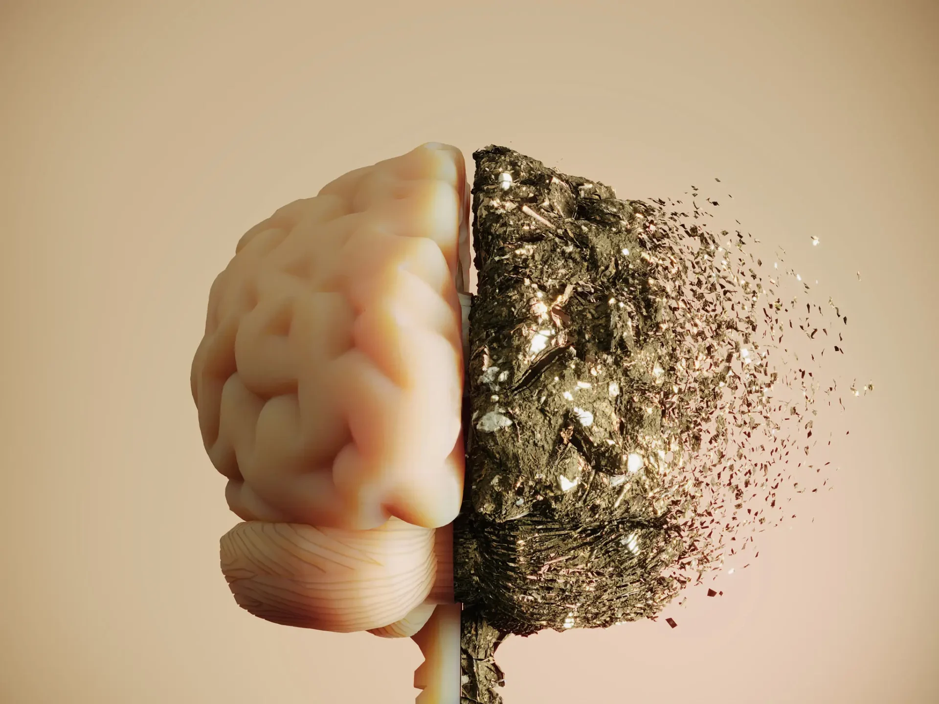 Half brain, half dissolving into digital particles.
