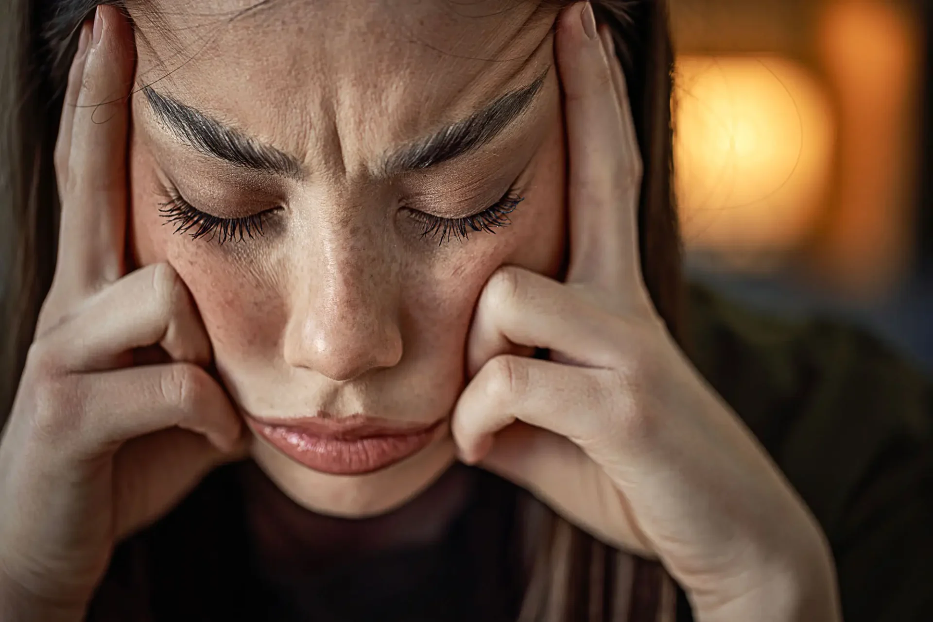 A woman looks stressed, holding her head with closed eyes.